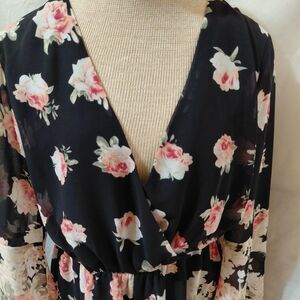 Coquette Shorts Jumpsuit Womens L Black Floral Bell Sleeve Surplice Neck